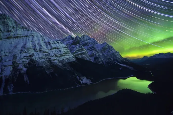 Framed Print : Star Trails and Northern Lights over Peyto Lake, Banff National Park, UNESCO World Heritage Site Framed Print : Star Trails and Northern Lights over Peyto Lake, Banff National Park, UNESCO World Heritage Site