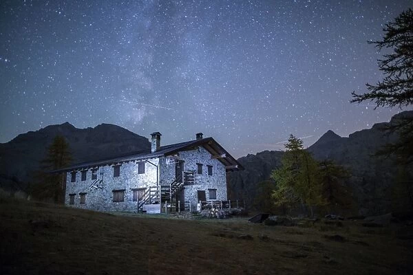 Starry night on Barbustel Refuge, Natural Park of Mont Avic, Aosta Valley, Graian Alps