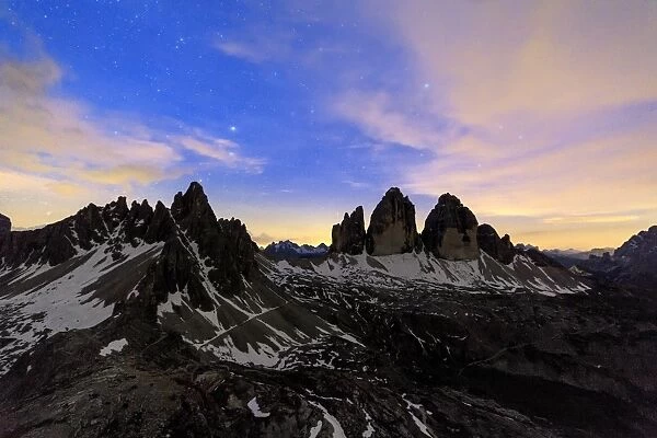 Starry night frame the Three Peaks of Lavaredo, Sesto, Dolomites, Trentino-Alto Adige