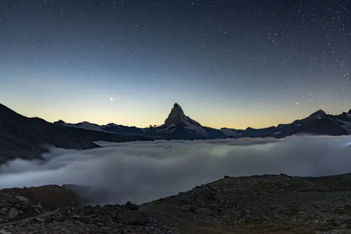 Framed Print : Starry night over Matterhorn in the mist, Zermatt, Valais Canton, Swiss Alps, Switzerland