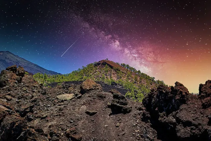 Framed Print : Starry night sky over a volcanic landscape with a colorful twilight gradient in Tenerife, Canary Islands, Spain, Atlantic, Europe