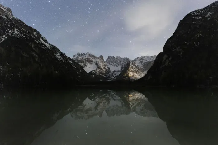Framed Print : Starry sky over Cristallo group mountains reflected in Lake Landro, Dolomites Framed Print : Starry sky over Cristallo group mountains reflected in Lake Landro, Dolomites