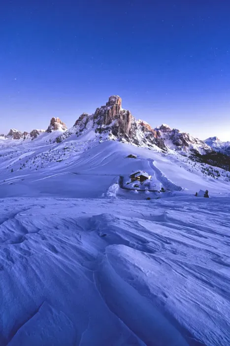 Framed Print : Starry sky at dusk on Ra Gusela mountain surrounded by fresh snow, Giau Pass, Dolomites Framed Print : Starry sky at dusk on Ra Gusela mountain surrounded by fresh snow, Giau Pass, Dolomites