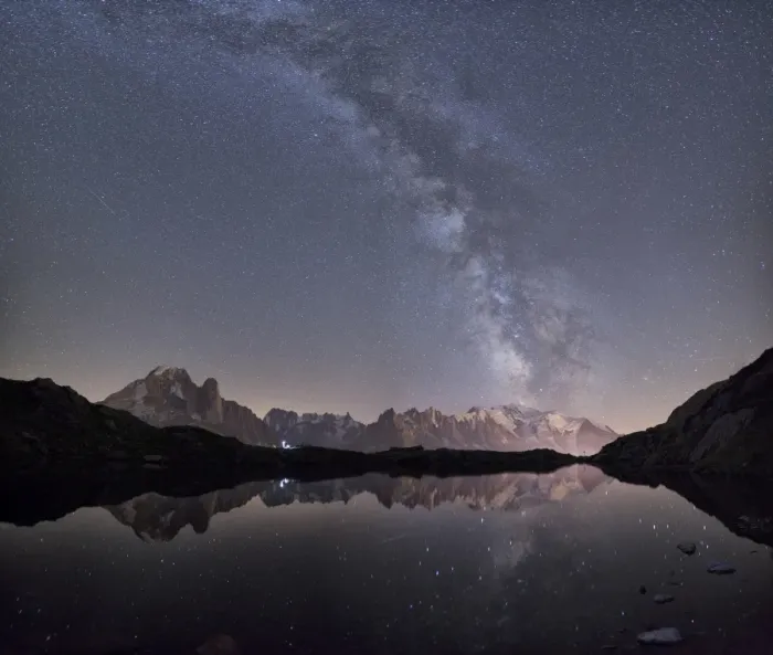 Framed Print : Starry sky over Mont Blanc range seen from Lac des Cheserys, Haute Savoie. French Alps