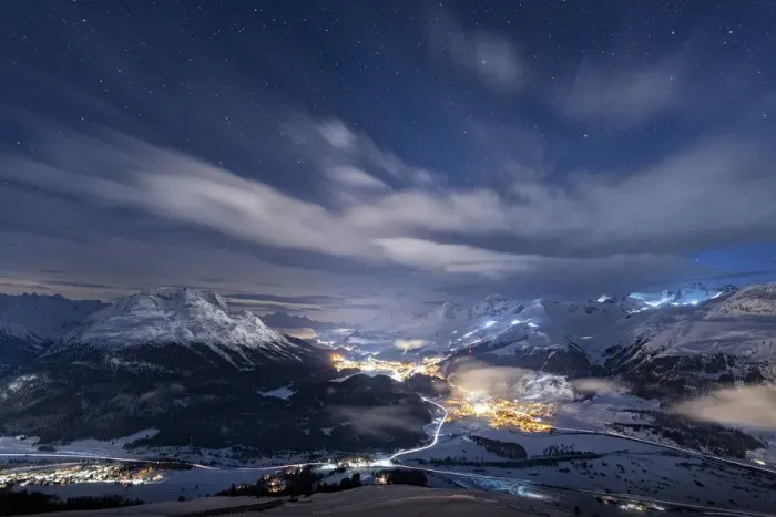 Framed Print : Starry winter sky over St. Moritz village and Upper Engadine covered with snow viewed Framed Print : Starry winter sky over St. Moritz village and Upper Engadine covered with snow viewed