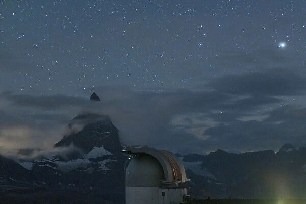 Stars over Matterhorn viewed from the observatory tower of Kulmhotel Gornergrat, Zermatt