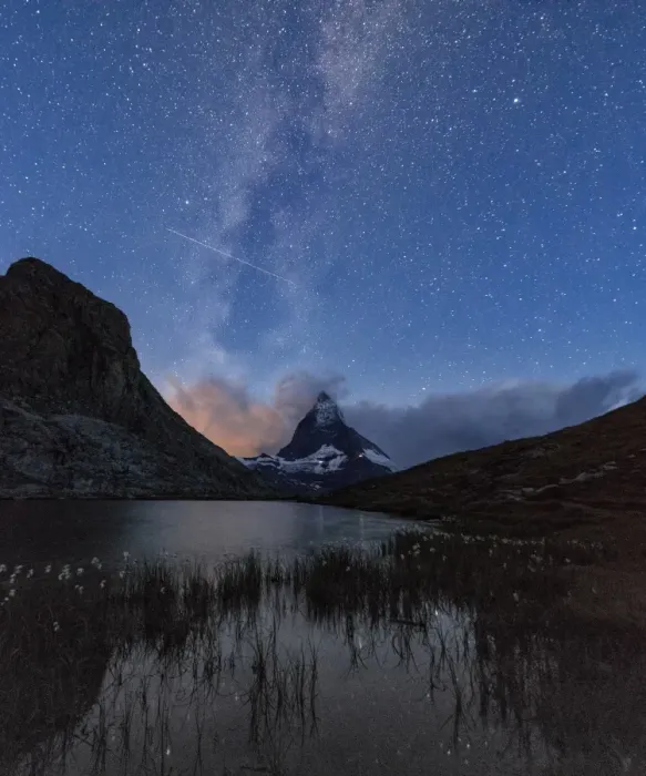 Framed Print : Stars and Milky Way above the Matterhorn reflected in Lake Stellisee, Zermatt, Canton of Valais Framed Print : Stars and Milky Way above the Matterhorn reflected in Lake Stellisee, Zermatt, Canton of Valais