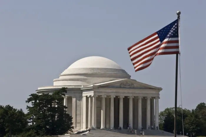 Framed Print : Stars and Stripes flag in front of the Jefferson Memorial, Washington D Framed Print : Stars and Stripes flag in front of the Jefferson Memorial, Washington D
