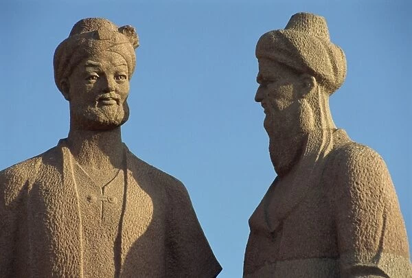 Statue of 15th century Uzbek writers, Samarkand, Uzbekistan, Central Asia, Asia