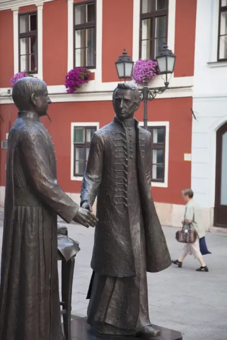Framed Print : Statue of Anyos Jedlik and Gergely Czuczor in Szechenyi Square, Gyor, Western Transdanubia, Hungary, Europe