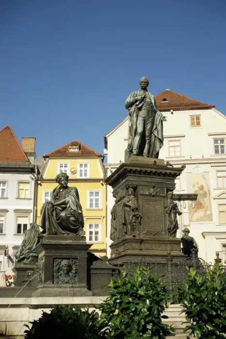 Framed Print : Statue of Archduke Johann, moderniser of Graz, and nymphs at base symbolising Styrias rivers Framed Print : Statue of Archduke Johann, moderniser of Graz, and nymphs at base symbolising Styrias rivers