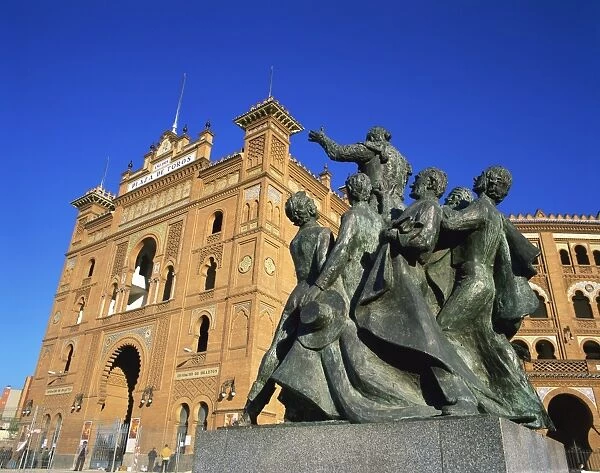 Statue in front of the bullring in the Plaza de Toros in Madrid, Spain, Europe