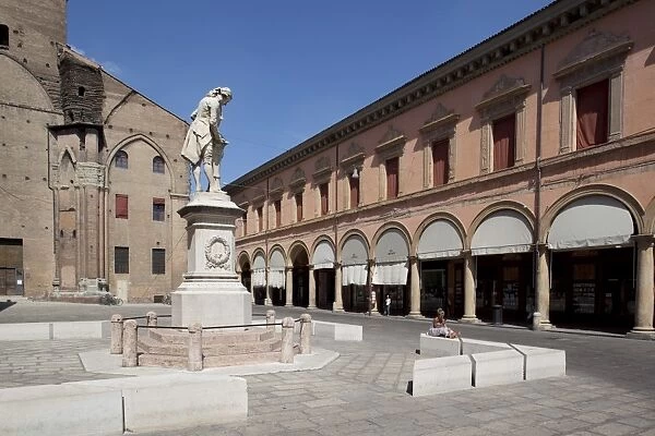 Statue and cathedral, Piazza Galvani, Bologna, Emilia Romagna, Italy, Europe