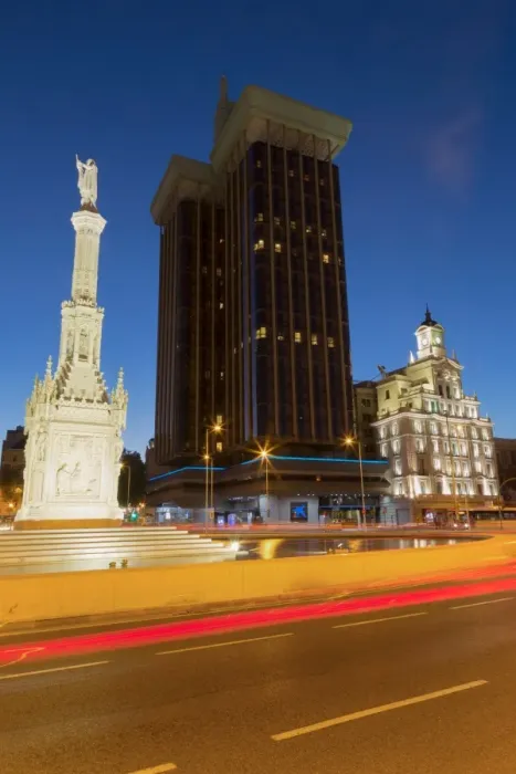 Framed Print : Statue of Columbus in Plaza de Colon at night, Madrid, Spain, Europe