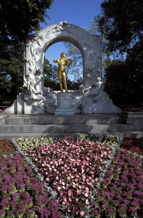 Framed Print : Statue of the composer Johann Strauss on the Strauss Memorial, and flowerbed in Johann Strauss State Park (Stadtpark), Vienna Framed Print : Statue of the composer Johann Strauss on the Strauss Memorial, and flowerbed in Johann Strauss State Park (Stadtpark), Vienna