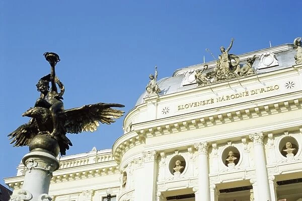 Statue and detail of facade of Bratislavas neo-baroque