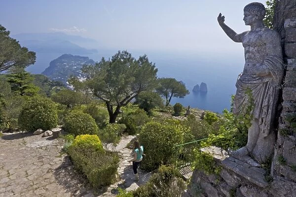 Statue and gardens in early morning summer sunshine, Monte Solaro, Isle of Capri