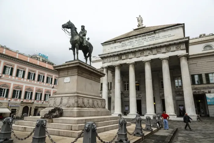 Framed Print : Statue of Giuseppe Garibaldi in front of the theatre Carlo Felice, Piazza De Ferrari, Genoa, Liguria, Italy, Europe Framed Print : Statue of Giuseppe Garibaldi in front of the theatre Carlo Felice, Piazza De Ferrari, Genoa, Liguria, Italy, Europe