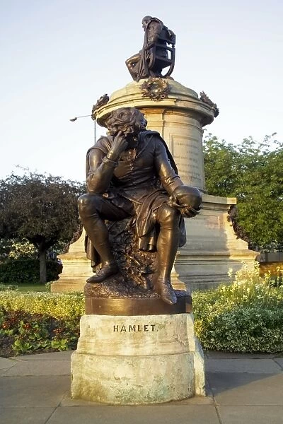 Statue of Hamlet with statue of Ronald Gower behind, Stratford-upon-Avon