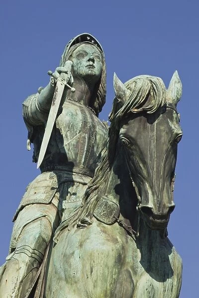 A statue of Joan of Arc riding her horse in Place du Martroi, Orleans, Loiret, France
