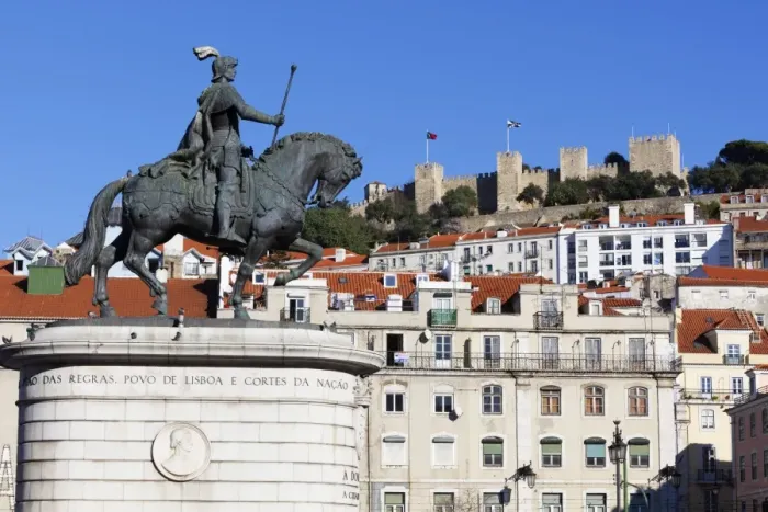 Framed Print : Statue of King John 1st and Castelo de Sao Jorge, Praca da Figueira, Baixa, Lisbon, Portugal, Europe Framed Print : Statue of King John 1st and Castelo de Sao Jorge, Praca da Figueira, Baixa, Lisbon, Portugal, Europe