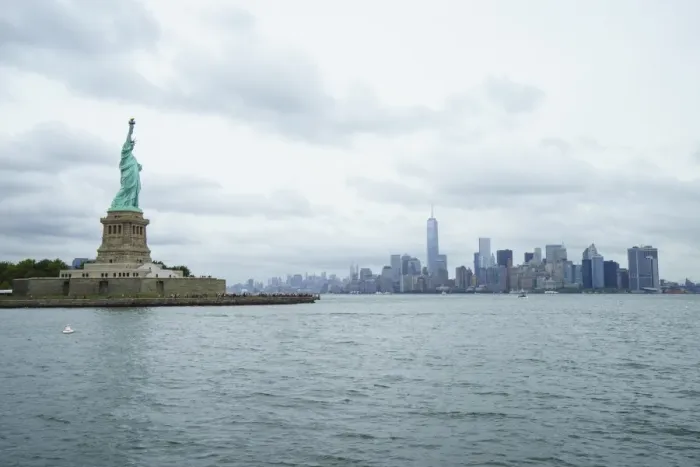Framed Print : Statue of Liberty with the Lower Manhattan skyline and One World Trade Center beyond, New York City, New York, United States of America, North America