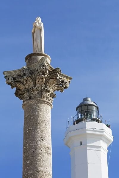 Statue and lighthouse at Santa Maria di Leuca, Leuca, Puglia, Italy, Europe