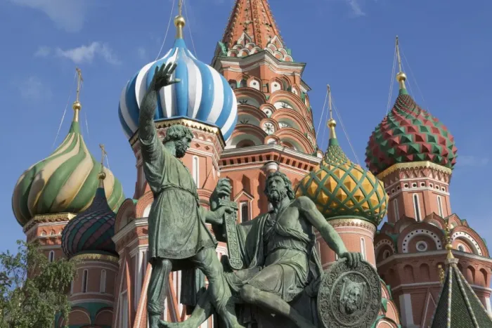 Framed Print : Statue of Minin and Pozharskiy and the onion domes of St. Basils Cathedral in Red Square, UNESCO World Heritage Site, Moscow, Russia, Europe