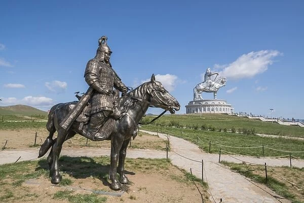 Statue of a Mongolian Empire warrior and Genghis Khan Statue Complex in the background