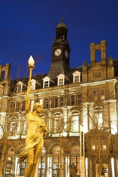 Statue of Morn and Old Post Office in City Square at dusk, Leeds, West Yorkshire