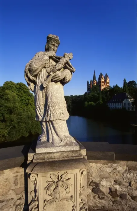 Framed Print : Statue on the Old Lahn-Bridge and a Cathedral in Limburg, Germany Framed Print : Statue on the Old Lahn-Bridge and a Cathedral in Limburg, Germany