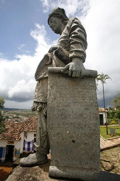 The statue of the prophet Jeremiah by Aleijadinho at the Basilica do Bom Jesus de Matosinhos, UNESCO World Heritage Site, Congonhas, Minas Gerais, Brazil, South America