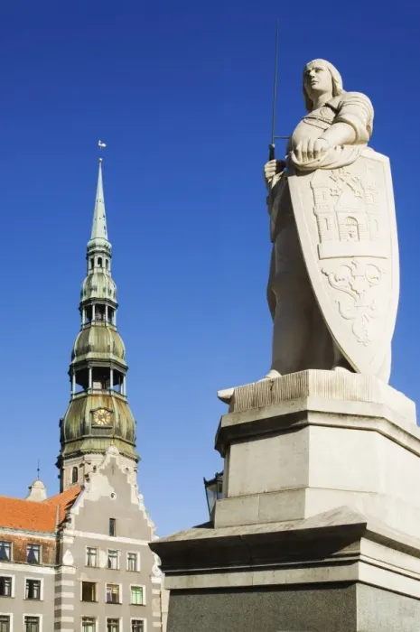 Framed Print : Statue of Roland and St Peters church in the old town square Framed Print : Statue of Roland and St Peters church in the old town square