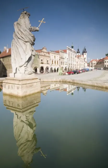 Framed Print : Statue of saint and fountain, Renaissance buildings at Zachariase z Hradce Square Framed Print : Statue of saint and fountain, Renaissance buildings at Zachariase z Hradce Square