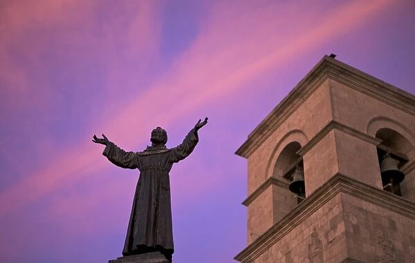 Statue of Saint Francis in front of Iglesia de San Francisco at twilight, Arequipa, peru, peruvian, south america, south american, latin america, latin american South America