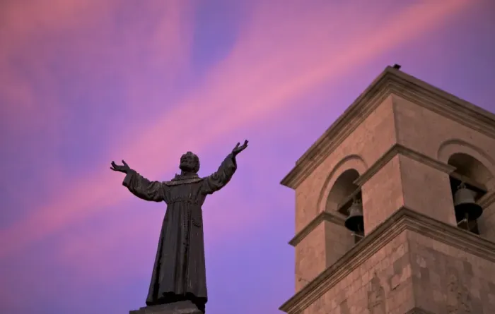 Framed Print : Statue of Saint Francis in front of Iglesia de San Francisco at twilight, Arequipa, peru, peruvian, south america, south american, latin america, latin american South America Framed Print : Statue of Saint Francis in front of Iglesia de San Francisco at twilight, Arequipa, peru, peruvian, south america, south american, latin america, latin american South America