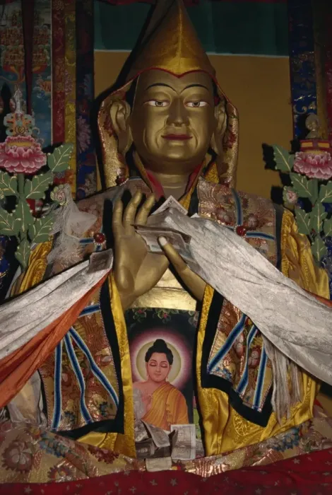 Framed Print : Statue with scarves and offerings of money in Ganden monastery, Tibet, China, Asia Framed Print : Statue with scarves and offerings of money in Ganden monastery, Tibet, China, Asia