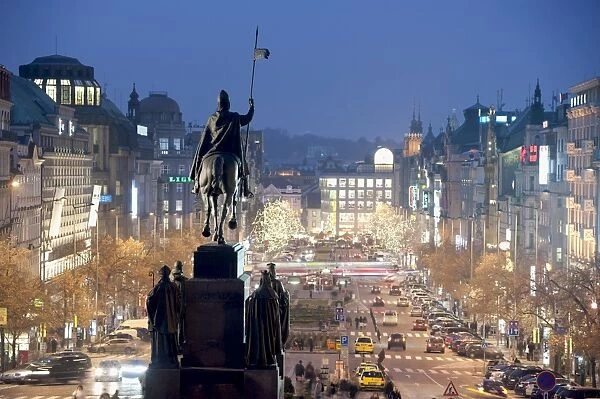 Statue of St. Wenceslas and Wenceslas Square at twilight, Nove Mesto, Prague, Czech Republic, Europe