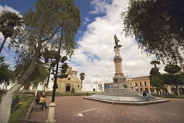 Statue of Vincente Maldonado and the Cathedral at Parque Maldonado in this colonial-style provincial capital, Riobamba, Chimborazo Province, Central Highlands, Ecuador