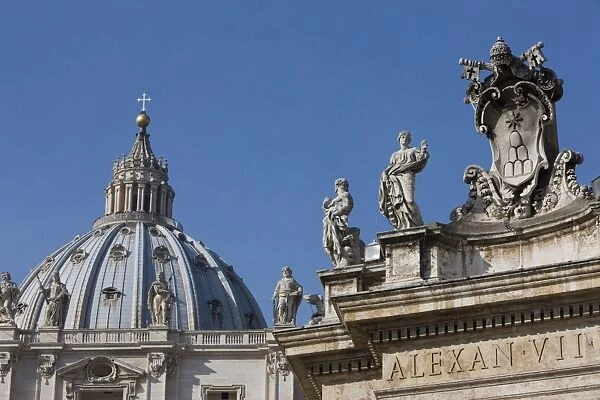 Statues and dome of St. Peters Basilica, Vatican City, Rome, Lazio, Italy, Europe