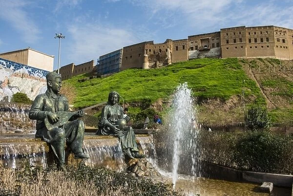 Statues and fountains below the citadel of Erbil (Hawler), capital of Iraq Kurdistan, Iraq, Middle East