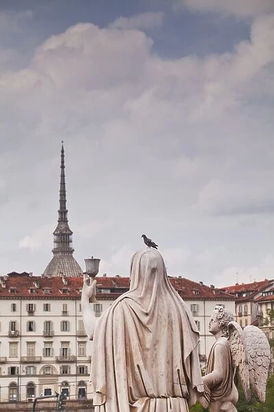 Statues in front of Gran Madre di Dio look over to Mole Antonelliana, Turin, Piedmont, Italy, Europe