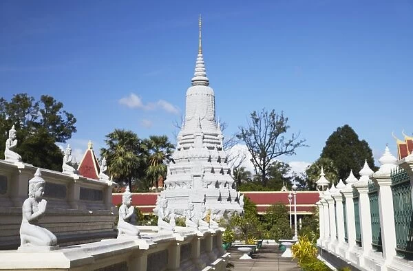 Statues and stupas at Silver Pagoda inside Royal Palace complex, Phnom Penh, Cambodia, Indochina, Southeast Asia, Asia