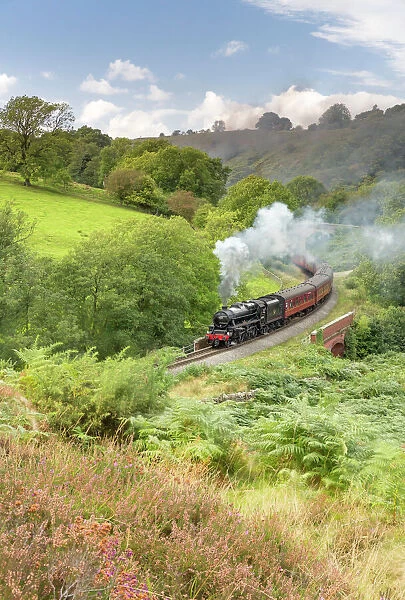 A steam locomotive approaching Goathland from Grosmont in September 2016, North Yorkshire