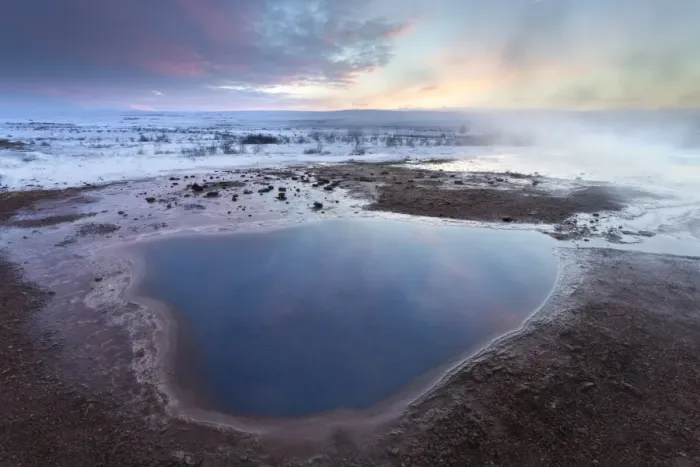 Framed Print : Steam rising from geothermal pools at sunrise in winter, Geysir, Haukardalur Valley, Iceland, Polar Regions Framed Print : Steam rising from geothermal pools at sunrise in winter, Geysir, Haukardalur Valley, Iceland, Polar Regions
