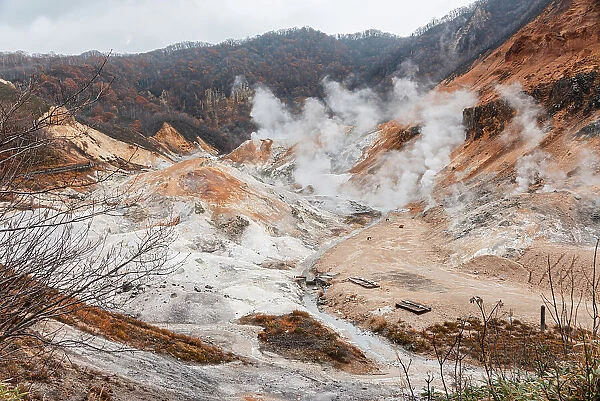 Steaming volcano of Hell Valley, Noboribetsu, Hokkaido, Japan, Asia