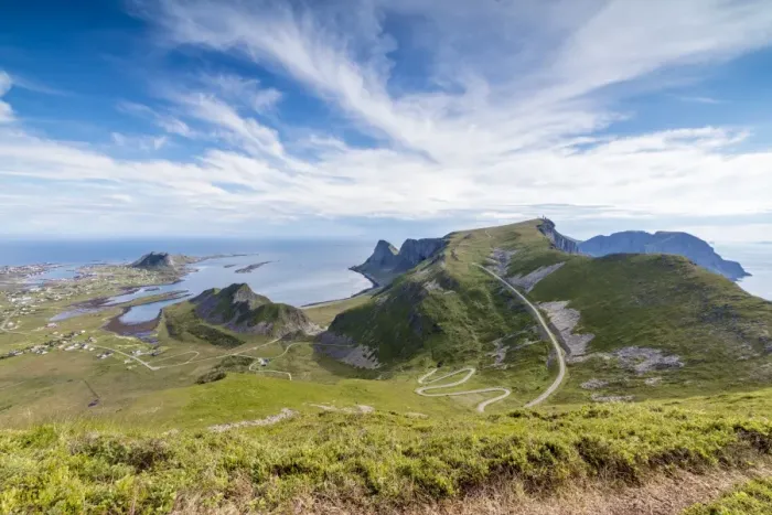 Framed Print : Steep road of curves in between green meadows and sea, Sorland, Vaeroy Island, county of Nordland Framed Print : Steep road of curves in between green meadows and sea, Sorland, Vaeroy Island, county of Nordland