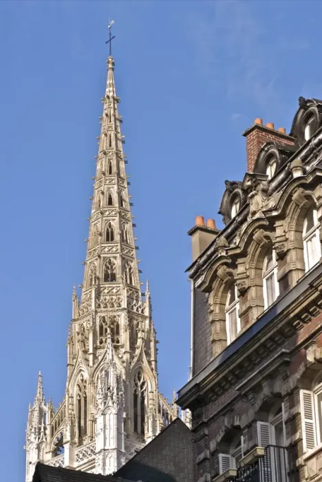 Framed Print : Steeple of the 12th century Notre Dame Cathedral, and houses, Old Town Framed Print : Steeple of the 12th century Notre Dame Cathedral, and houses, Old Town