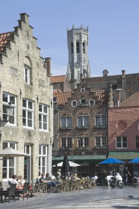 Framed Print : Stepped Flemish gables over street cafes with the Belfry by the Market Square behind, Brugge, UNESCO World Heritage Site, Belgium, Europe Framed Print : Stepped Flemish gables over street cafes with the Belfry by the Market Square behind, Brugge, UNESCO World Heritage Site, Belgium, Europe
