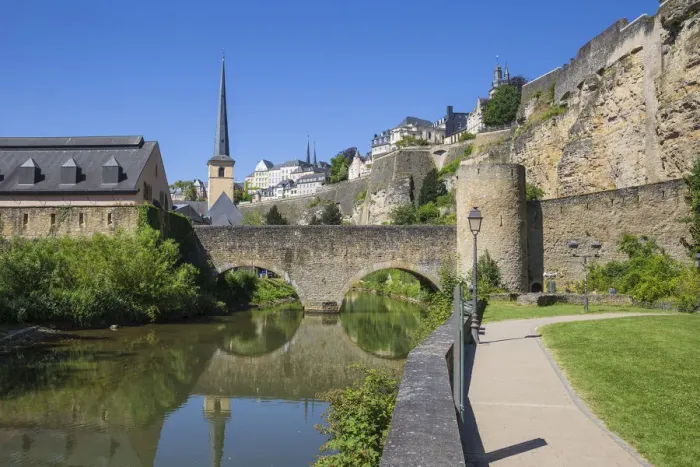 Framed Print : Stierchen stone footbridge and Brock Promontory, Luxembourg City, Luxembourg, Europe Framed Print : Stierchen stone footbridge and Brock Promontory, Luxembourg City, Luxembourg, Europe